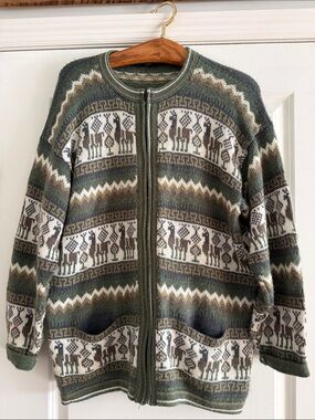 Vintage Peruvian Wool Alpaca Llama Fair Isle Zip Cardigan Sweater Medium Large